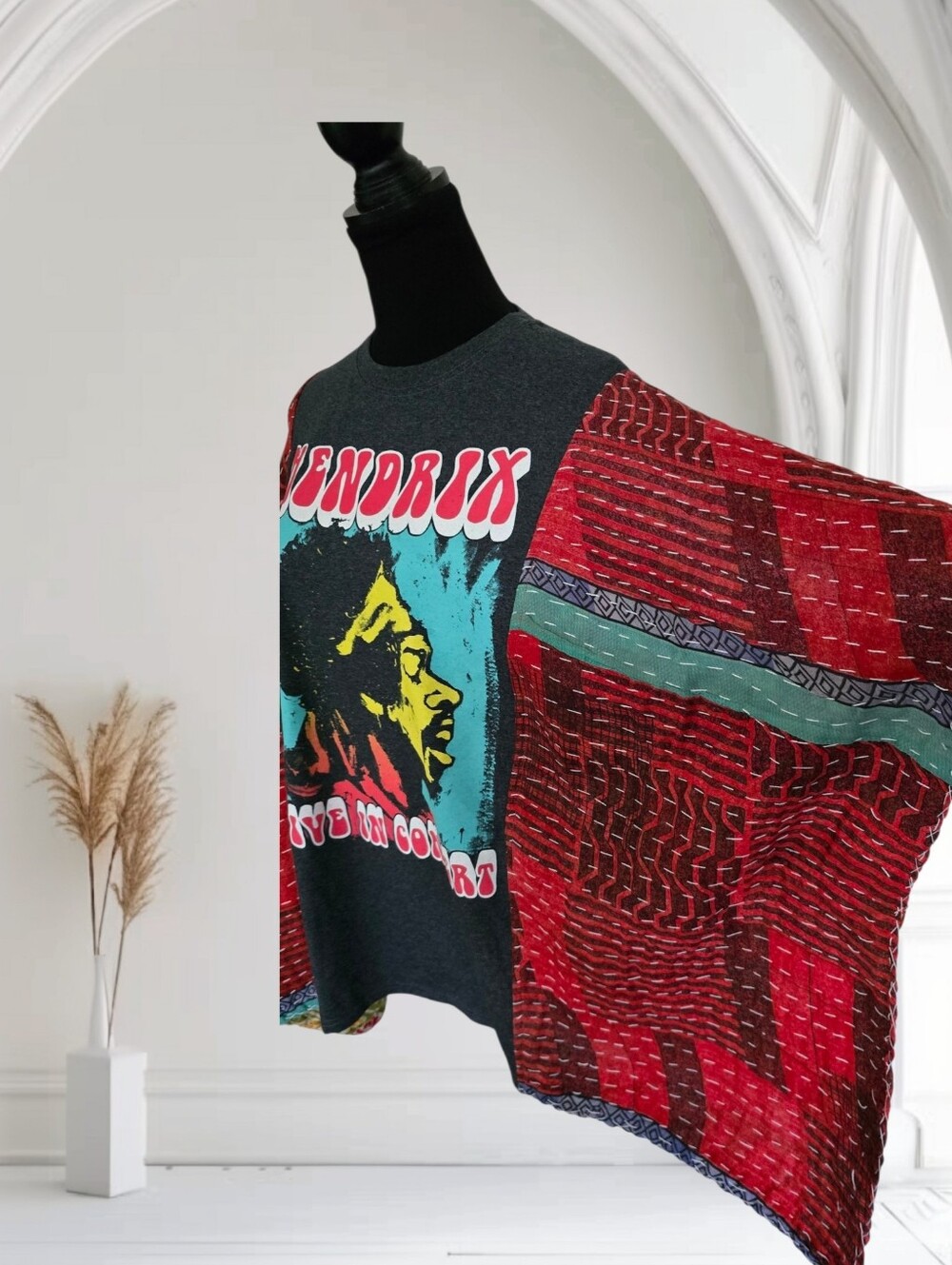 Upcycled Jimi Hendrix Band Tee With Kantha Sleeves, OS - Picture 3 of 6